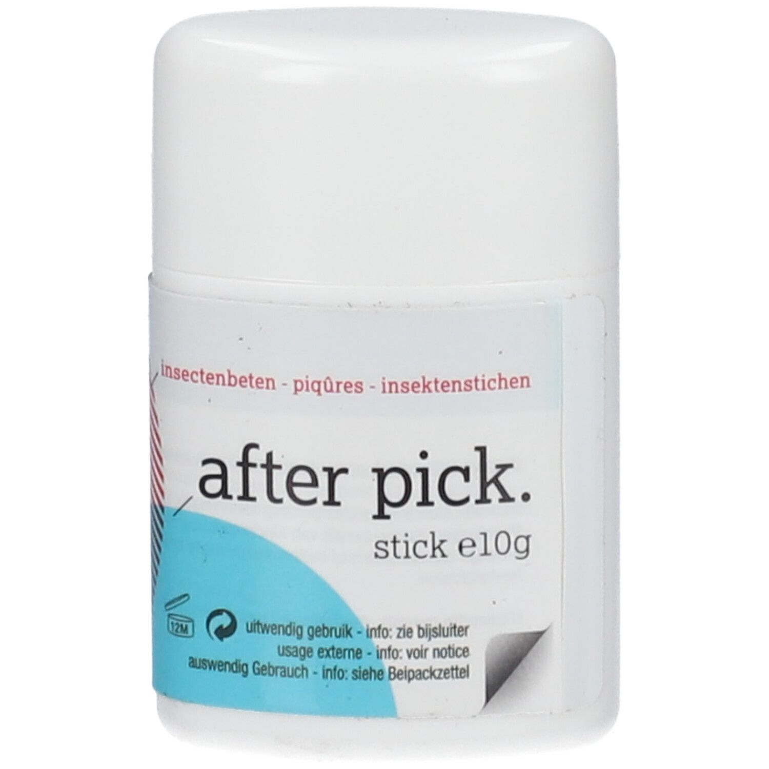 Weißer Stick mit blau-roter Grafik und Aufschrift 'after pick. stick e10g'. Text: Insektenbeten, Piqures, Insektenstichen.