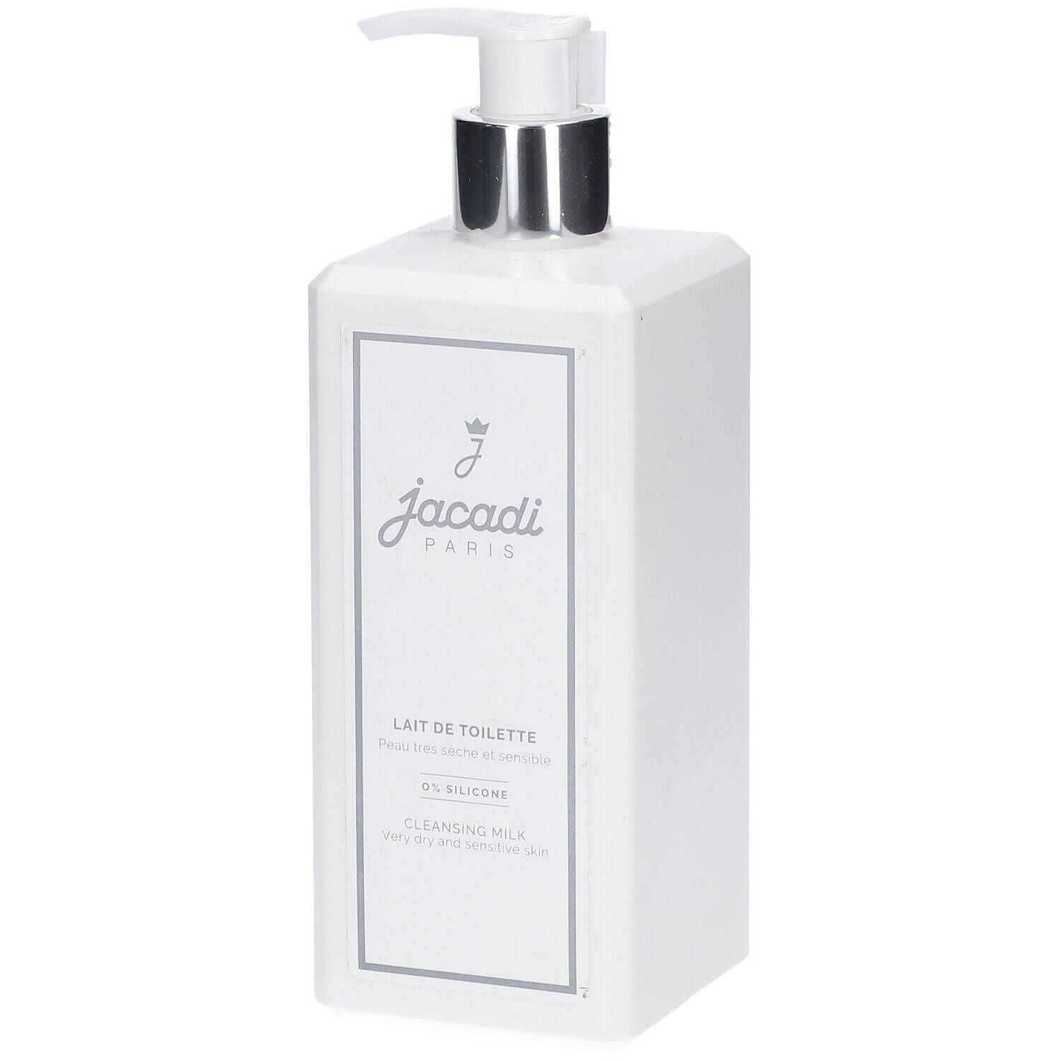 Witte fles met zilveren pomp. Opschrift: jacadi PARIS, LAIT DE TOILETTE, 0% SILICONE, CLEANSING MILK.