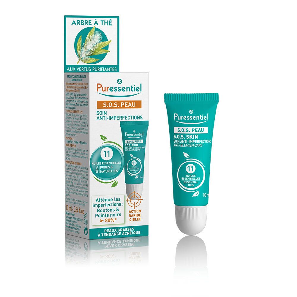 Productverpakking met tube en doos. Tekst: S.O.S. HUID, 11 essentiële oliën. Met tea tree illustratie.