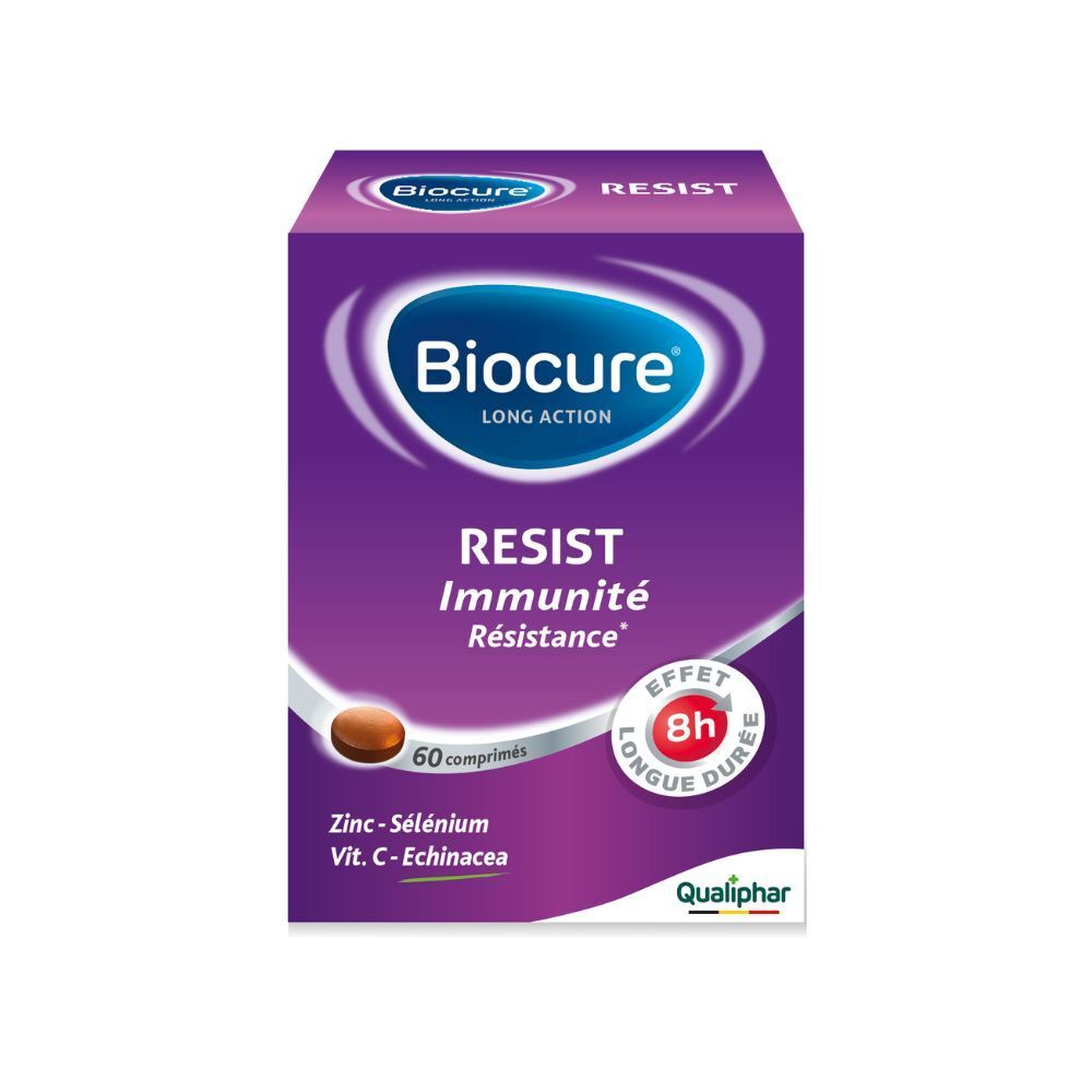 Boîte Biocure Resist. 60 comprimés. Contient zinc, sélénium, vitamine C et échinacée. Emballage violet.