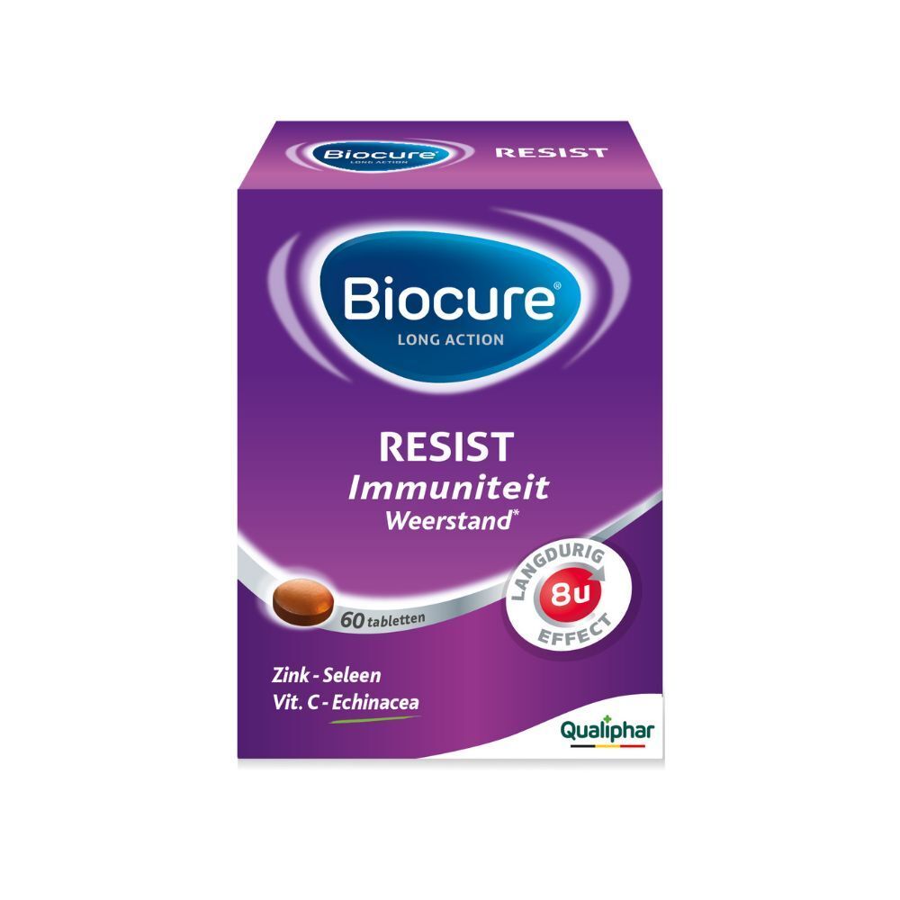 Biocure Resist doos. 60 tabletten. Bevat zink, selenium, vitamine C en echinacea. Paarse verpakking.