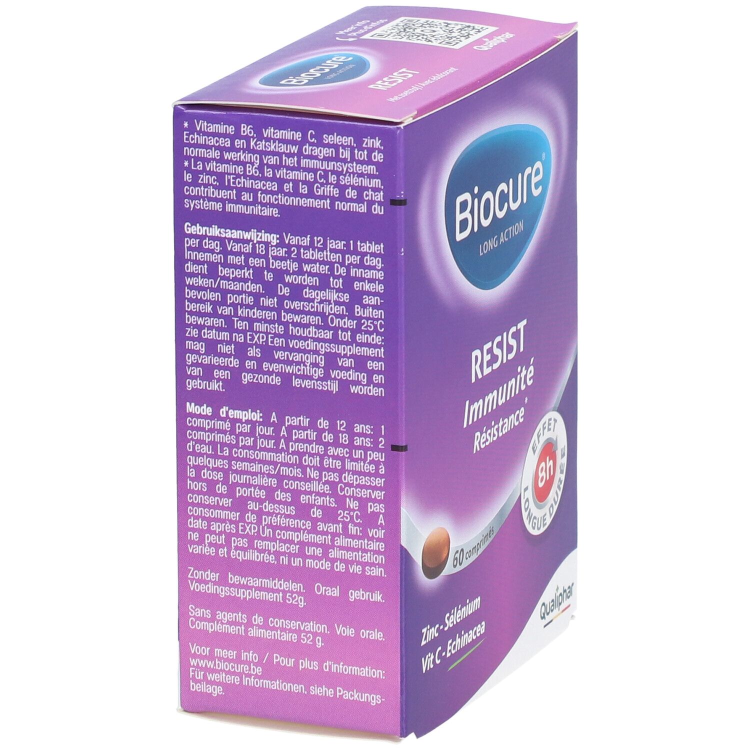 Achterkant van de Biocure Resist doos. Bevat informatie over ingrediënten en gebruik. Paarse verpakking.
