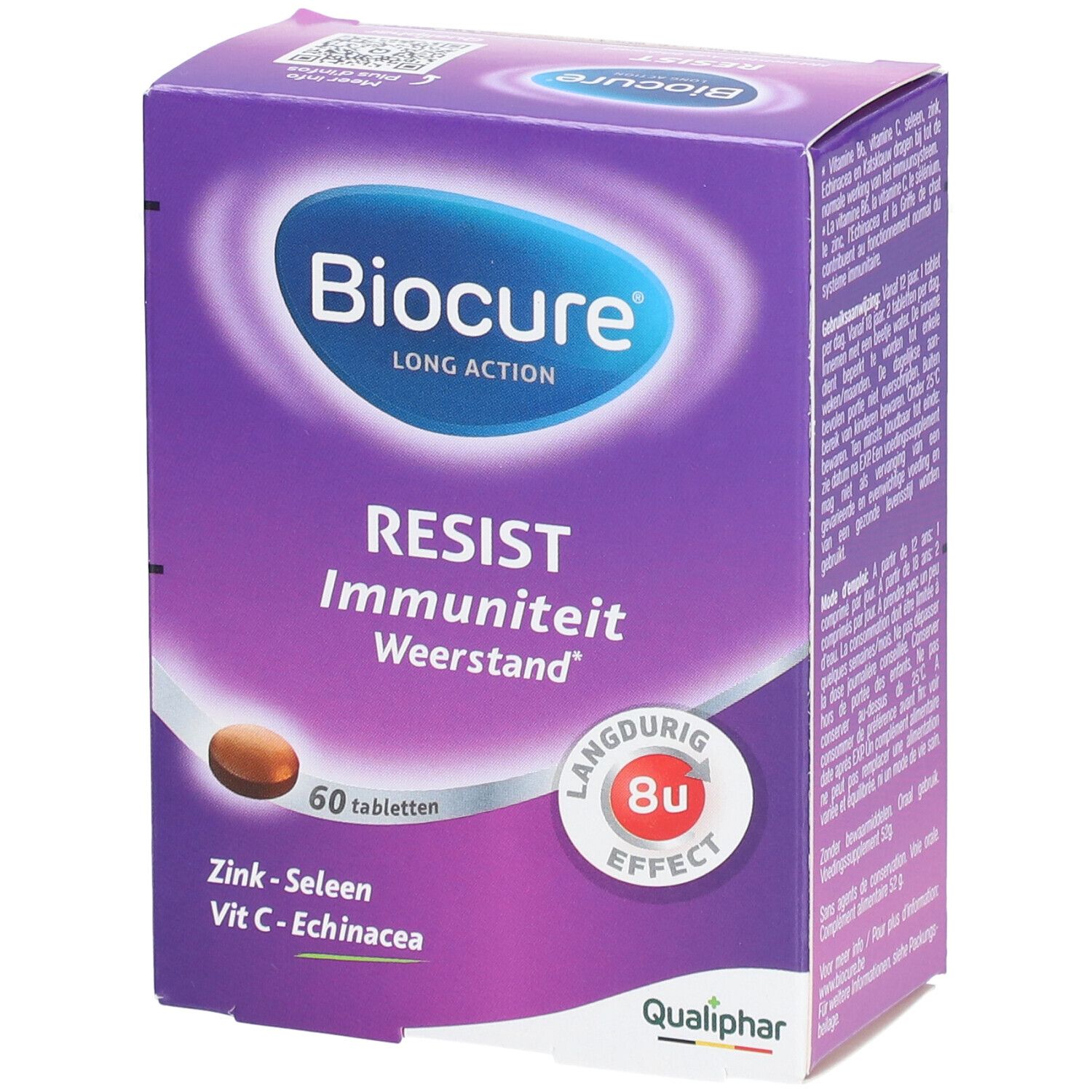 Biocure Resist doos. 60 tabletten. Bevat zink, selenium, vitamine C en echinacea. Paarse verpakking.