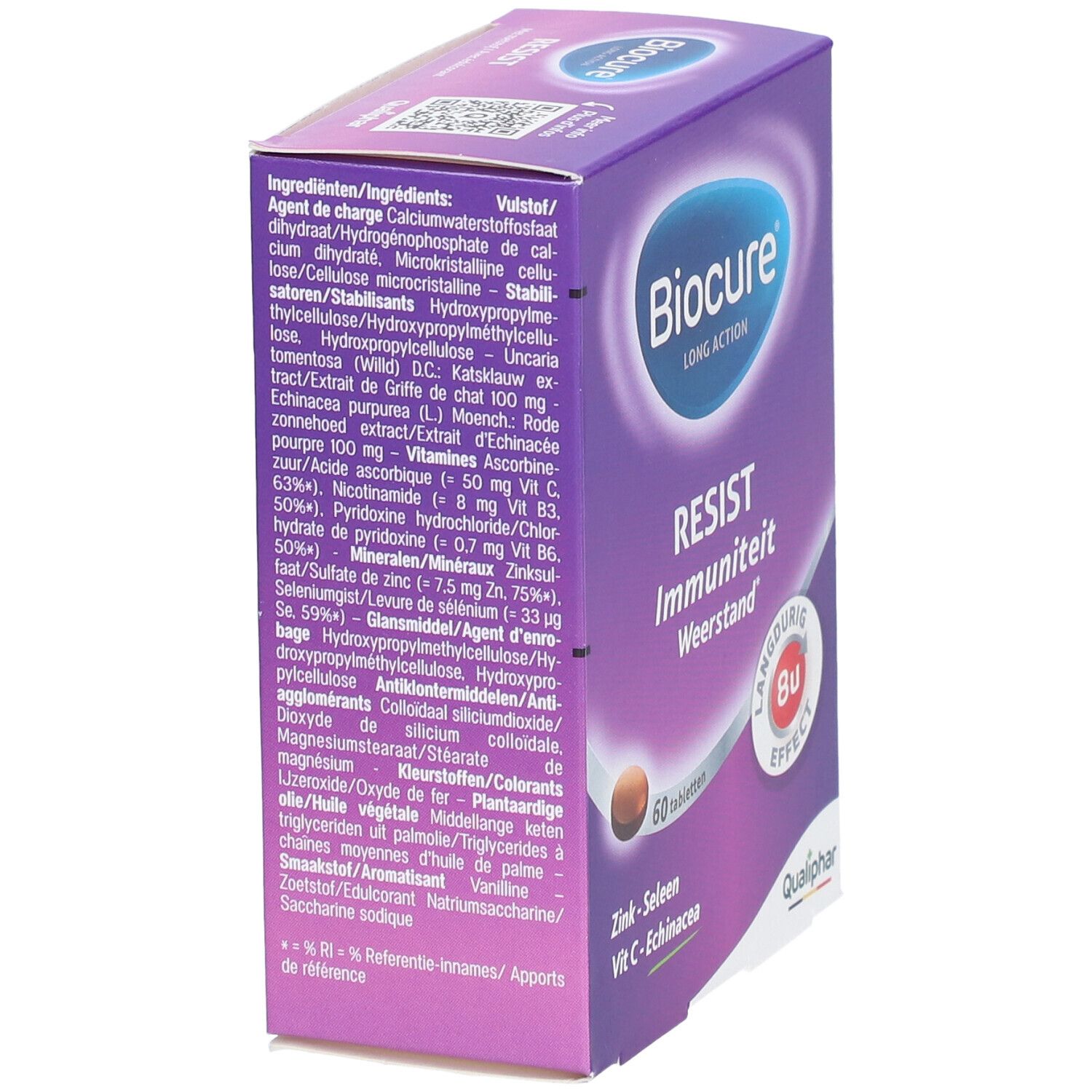 Achterkant van de Biocure Resist doos. Bevat informatie over ingrediënten en gebruik. Paarse verpakking.