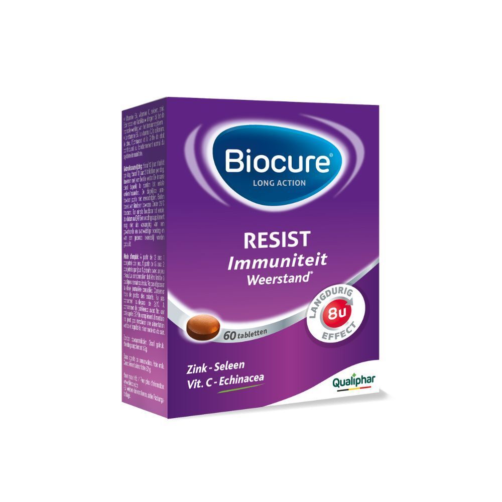 Biocure Resist doos. 60 tabletten. Bevat zink, selenium, vitamine C en echinacea. Paarse verpakking.