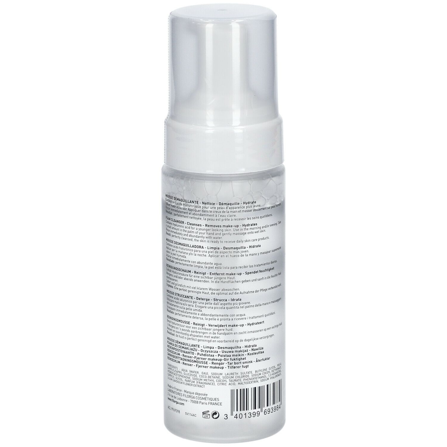 Flacon transparent avec pompe blanche. Verso avec texte. Inscriptions: FILORGA, MOUSSE DÉMAQUILLANTE, FOAM CLEANSER.