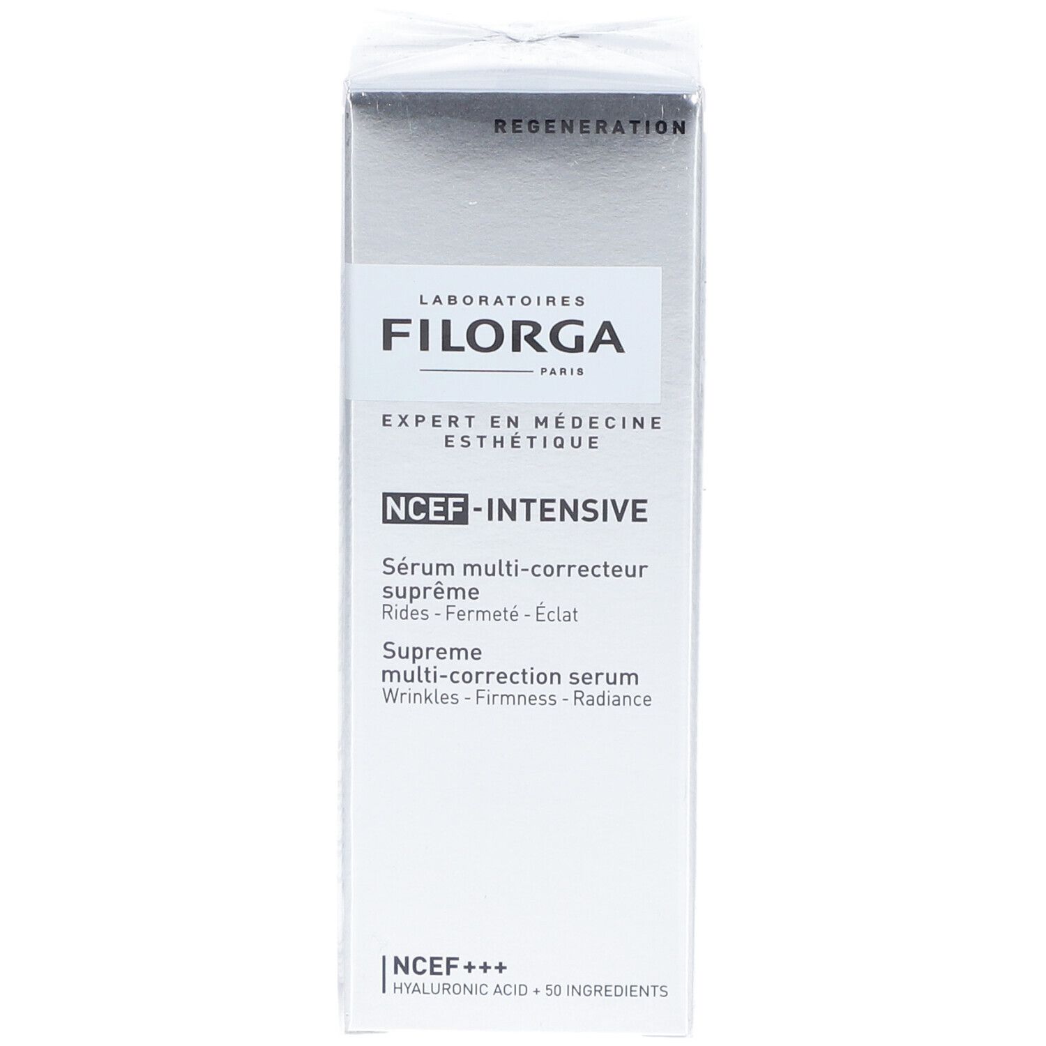 Face avant de la boîte de sérum FILORGA NCTF-INTENSIVE. Boîte argentée avec nom et description du produit.