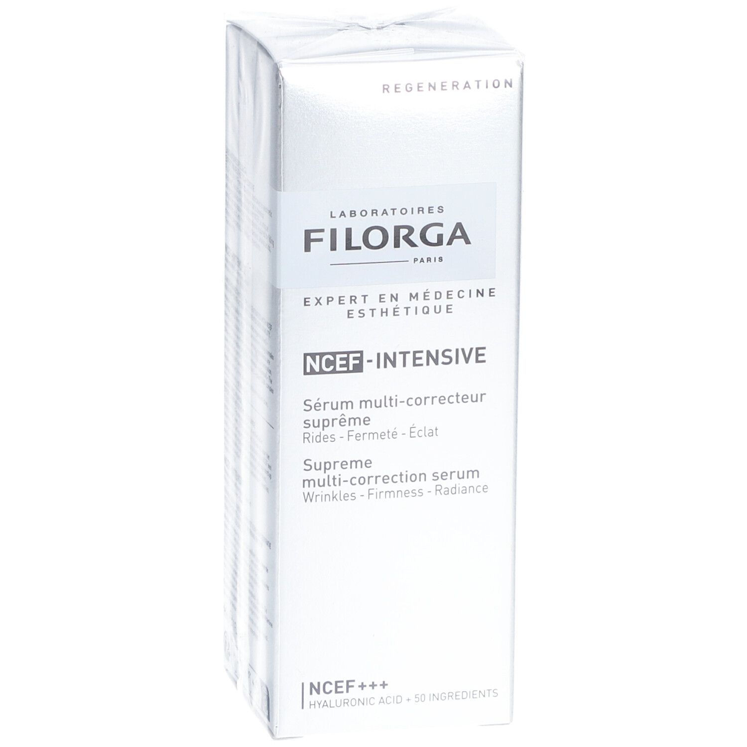 Face avant de la boîte de sérum FILORGA NCTF-INTENSIVE. Boîte argentée avec nom et description du produit.