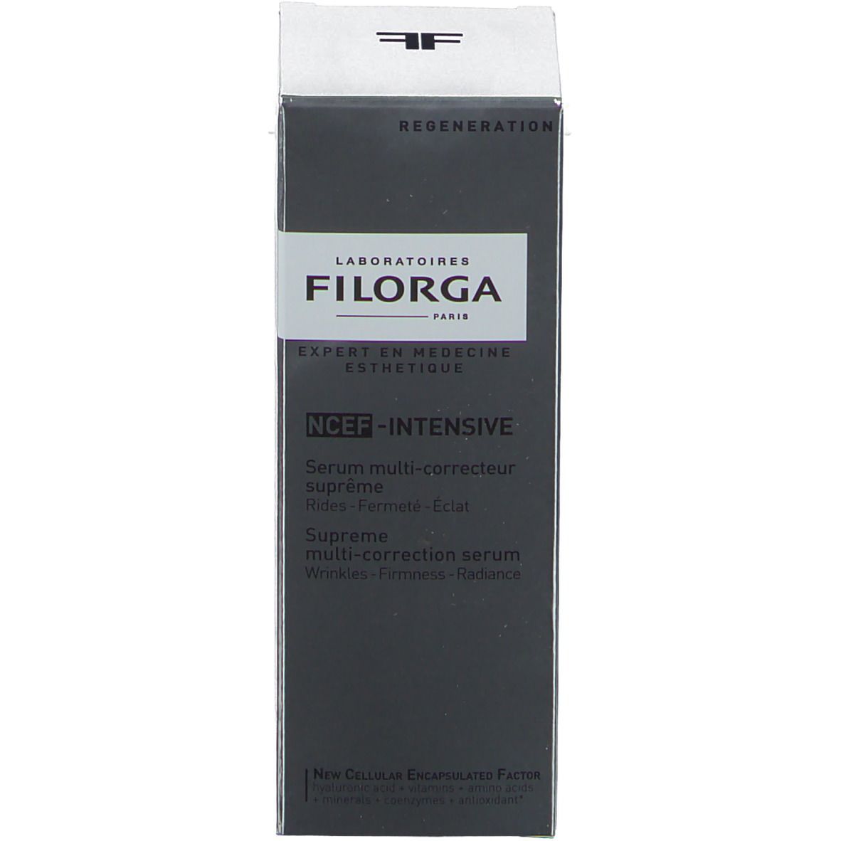 Emballage noir pour le sérum FILORGA NCTF-INTENSIVE. Nom et description du produit sur l'emballage.