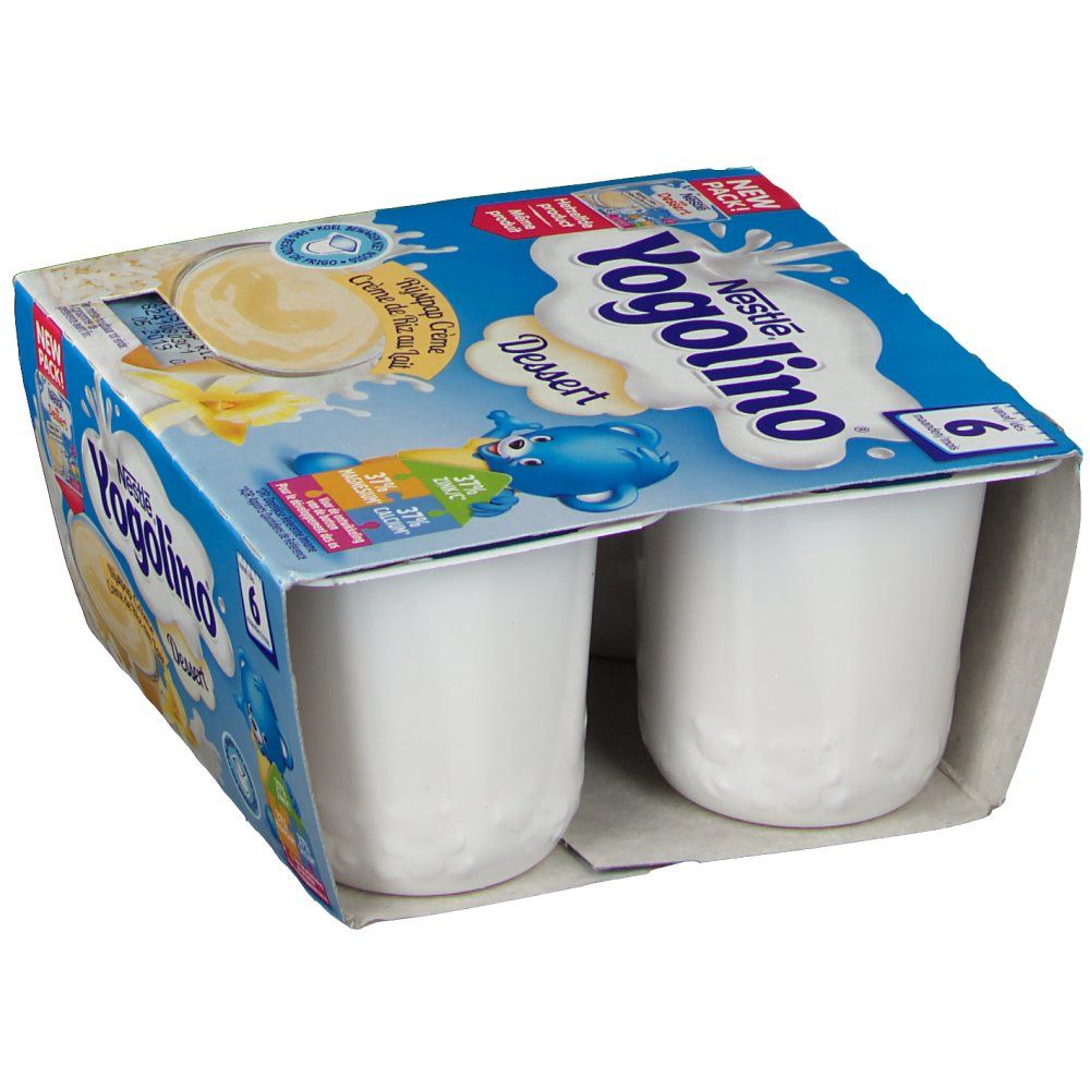 Emballage de deux desserts Nestlé Yogolino. Emballage bleu avec logo du produit et pots vides.