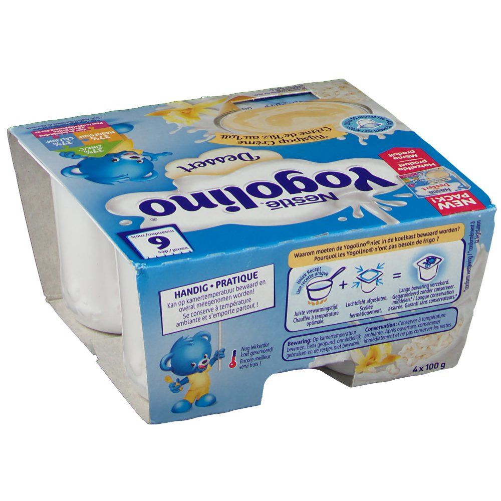Dos de l'emballage de six desserts Nestlé Yogolino. Emballage bleu avec informations et illustrations du produit.