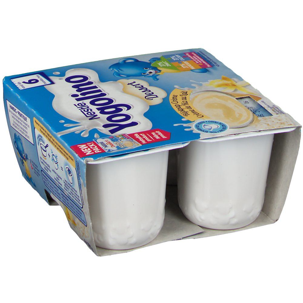 Emballage de deux desserts Nestlé Yogolino. Emballage bleu avec logo du produit et pots vides.