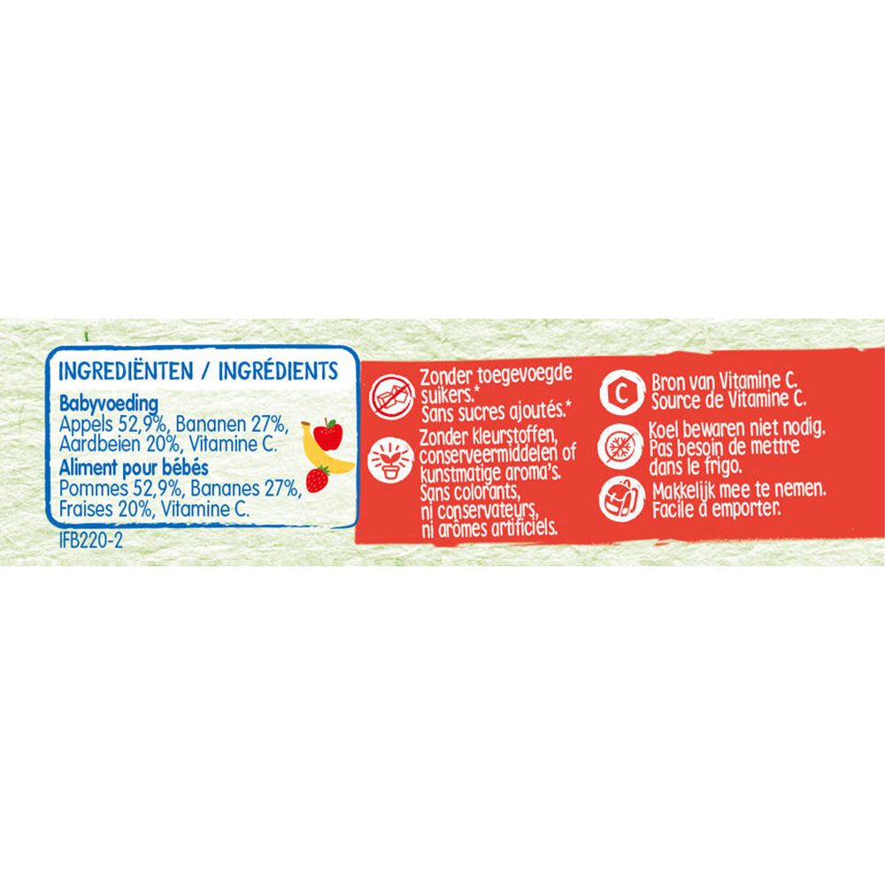 Dos du sachet. Liste des ingrédients, informations nutritionnelles, sans sucres ajoutés, vitamine C. Pas besoin de réfrigérer.