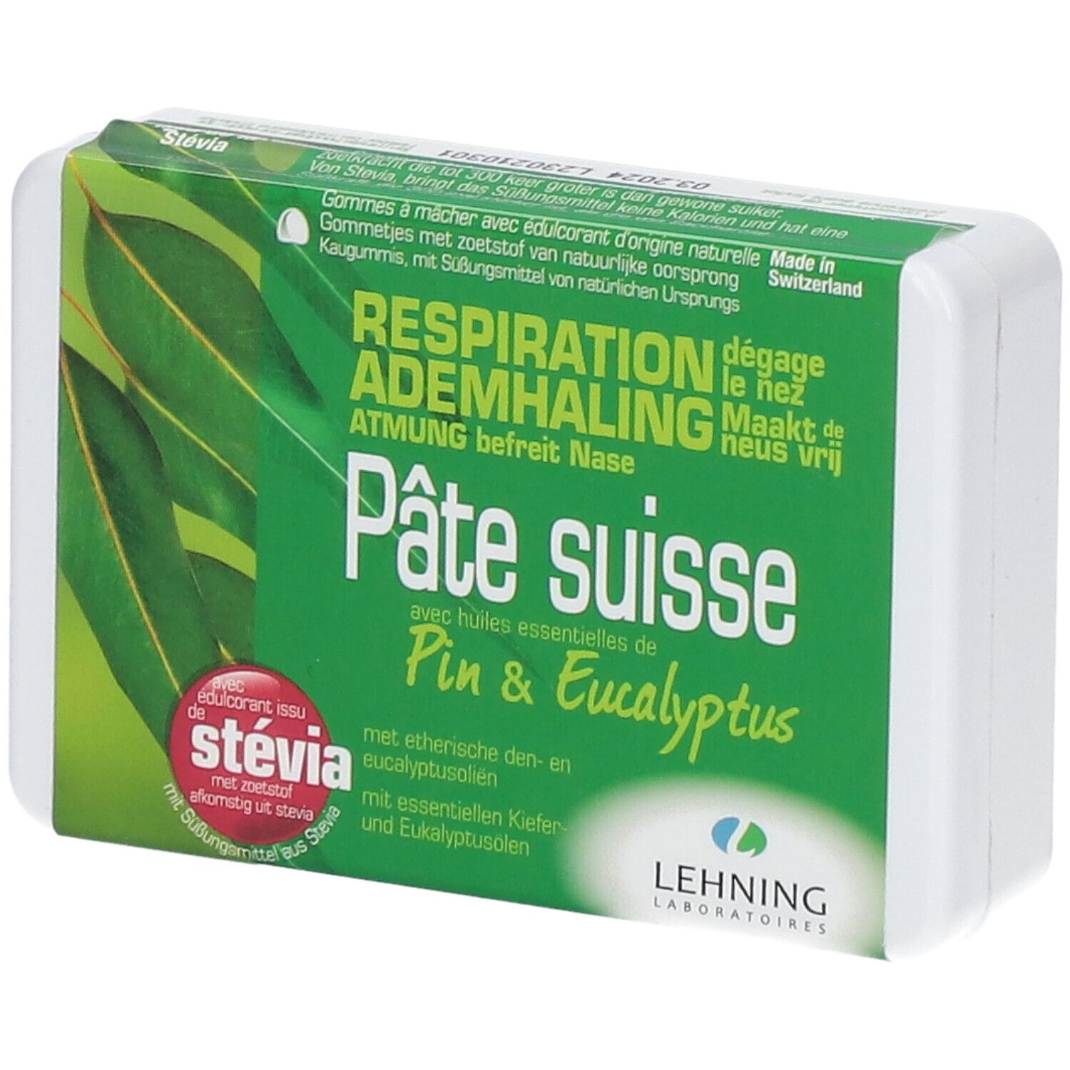 Weiße Verpackung mit grüner Vorderseite. Text: Pâte suisse, Pin & Eucalyptus. Marke: LEHNING LABORATOIRES. Mit Stevia.