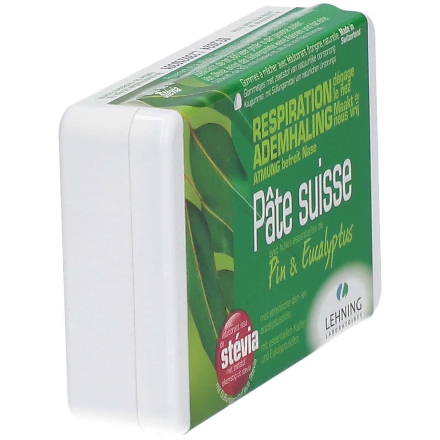 Weiße Verpackung, grüne Seite. Text: Pâte suisse, Pin & Eucalyptus. Marke: LEHNING LABORATOIRES. Mit Stevia.