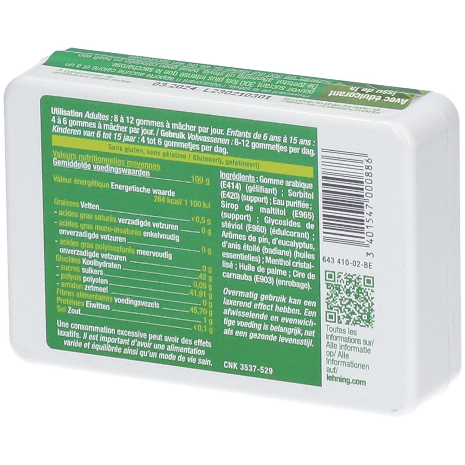 Weiße Verpackung, Rückseite mit Text. Text: Nährwertangaben, Inhaltsstoffe. Marke: LEHNING. QR-Code.