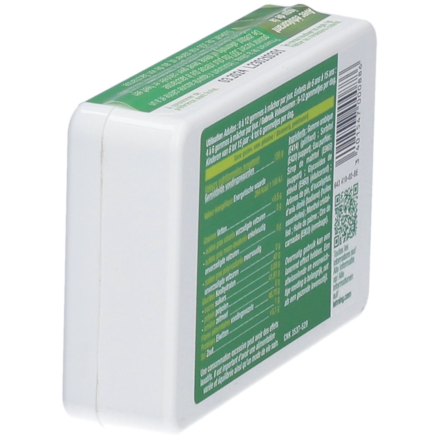 Weiße Verpackung, Rückseite mit Text. Text: Nährwertangaben, Inhaltsstoffe. Marke: LEHNING. QR-Code.