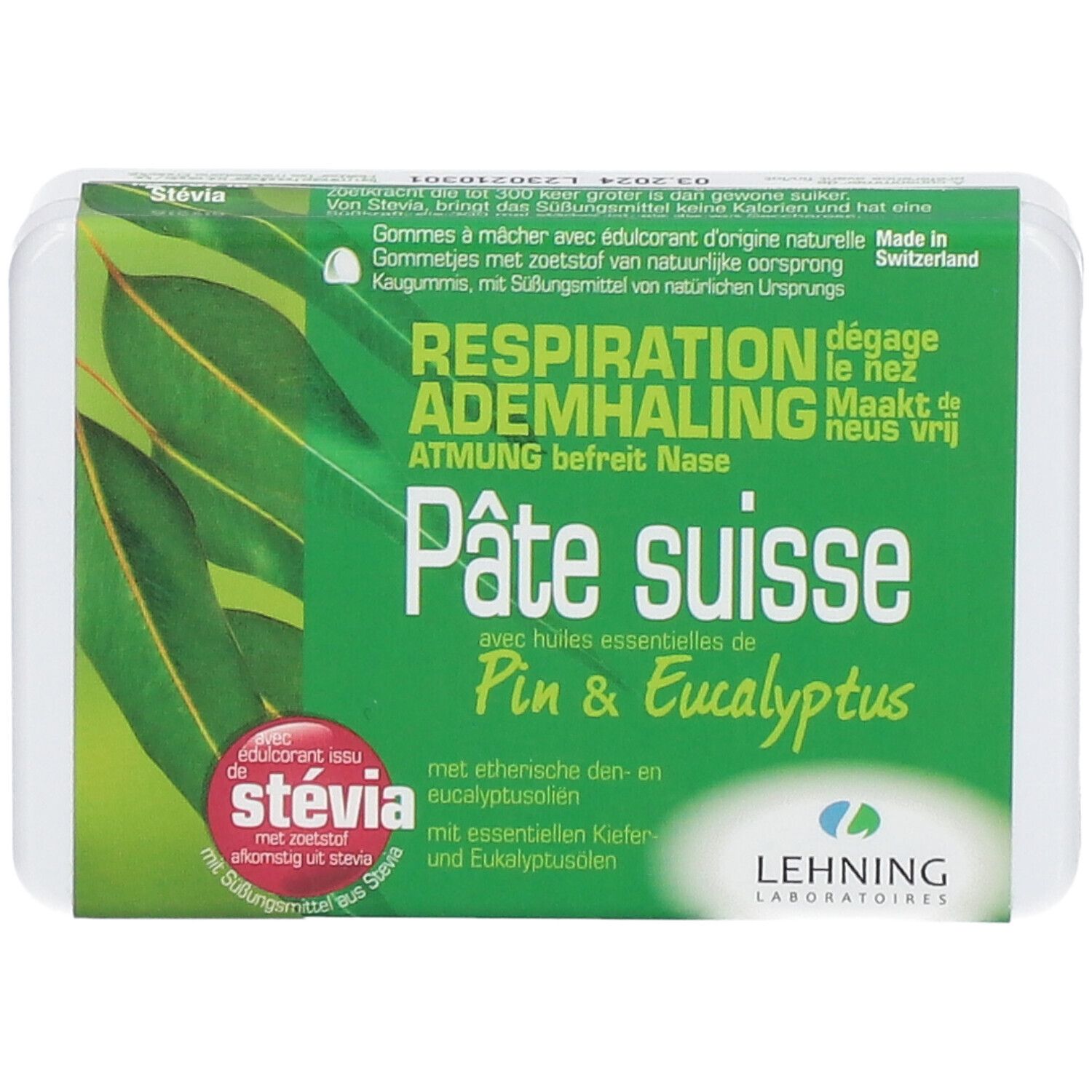 Weiße Verpackung mit grüner Vorderseite. Text: Pâte suisse, Pin & Eucalyptus. Marke: LEHNING LABORATOIRES. Mit Stevia.