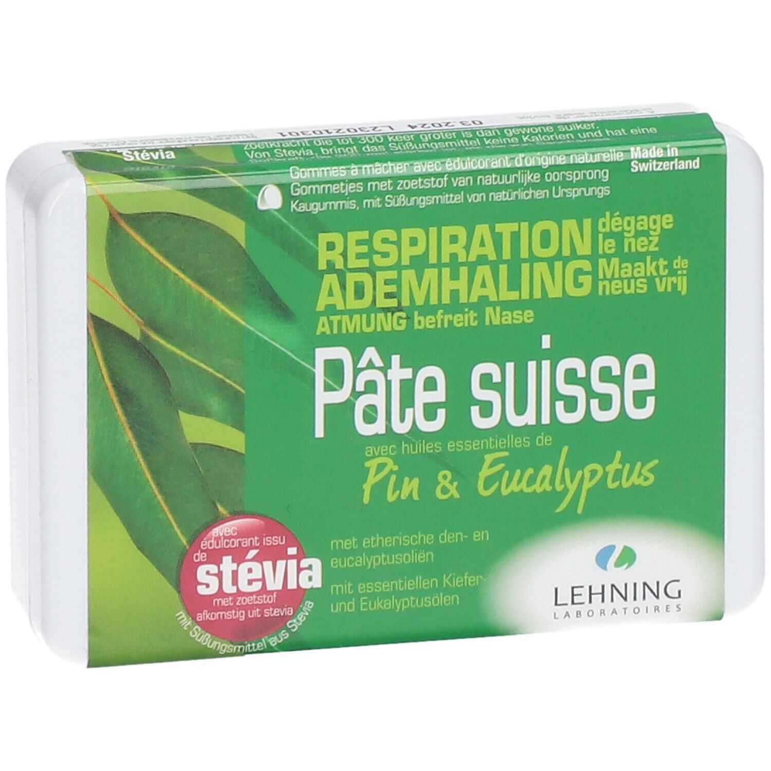 Weiße Verpackung mit grüner Vorderseite. Text: Pâte suisse, Pin & Eucalyptus. Marke: LEHNING LABORATOIRES. Mit Stevia.