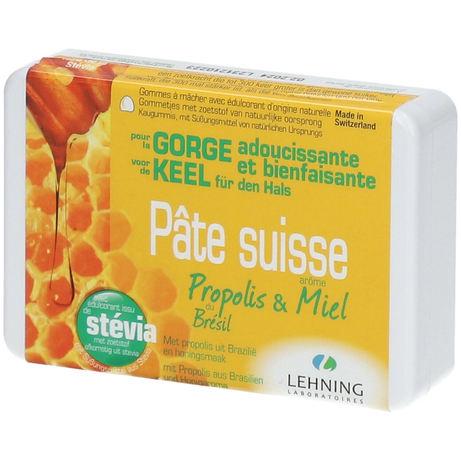 Boîte blanche avec emballage jaune. Inscription: Pâte suisse Propolis & Miel. Logo LEHNING.