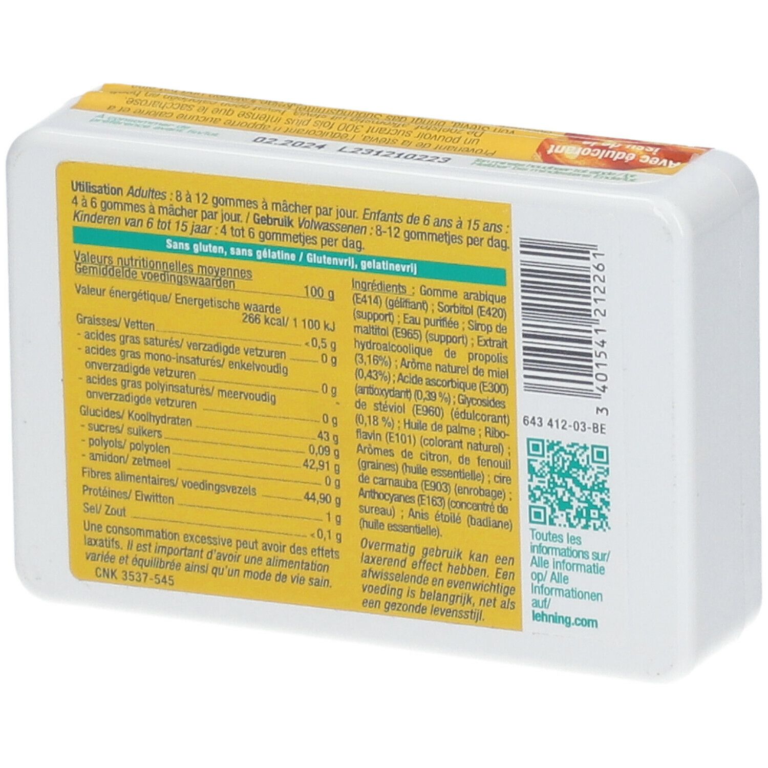 Dos de la boîte blanche avec emballage jaune. Contient des informations nutritionnelles et des ingrédients. Logo LEHNING.