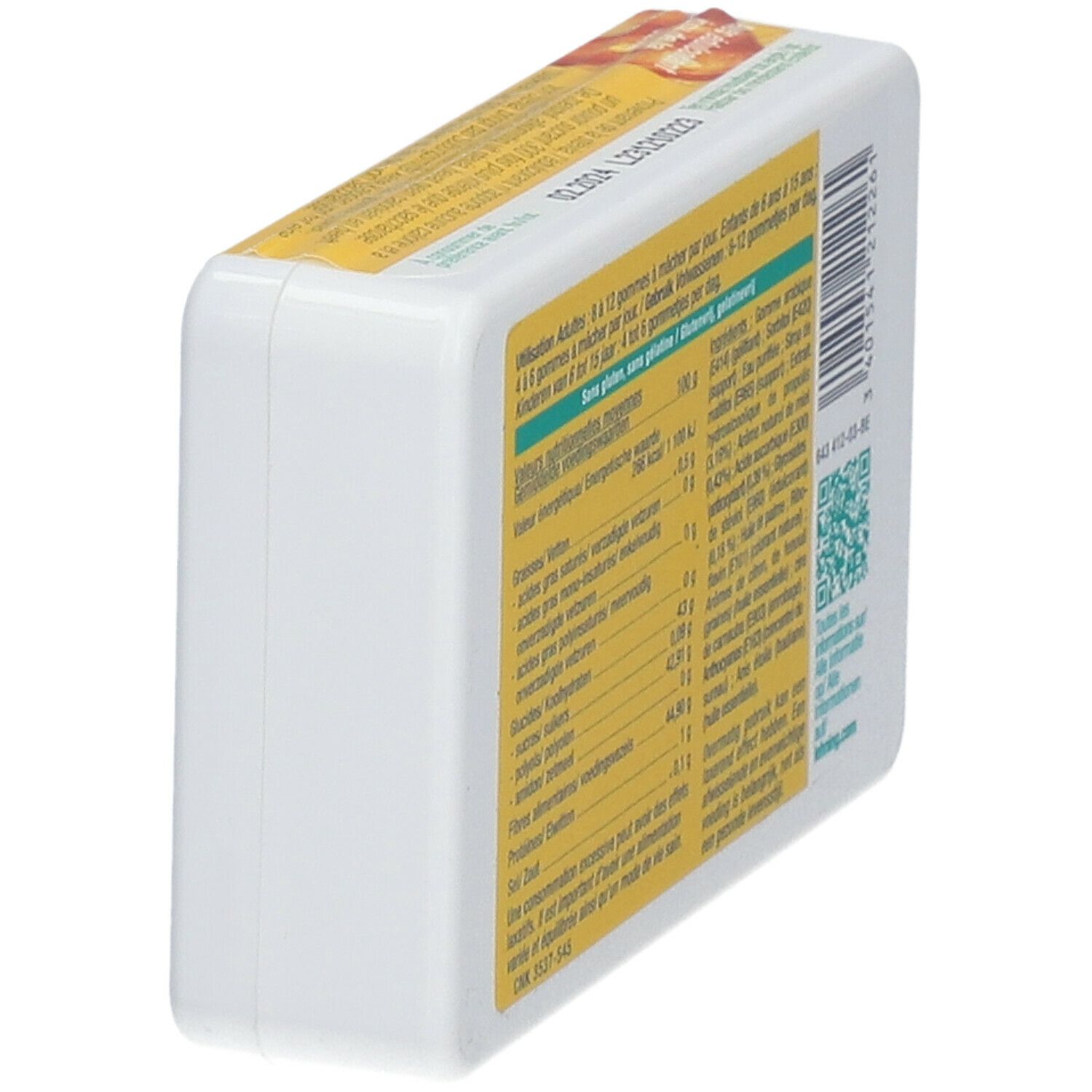 Vue oblique du dos de la boîte blanche avec emballage jaune. Contient des informations nutritionnelles et des ingrédients.