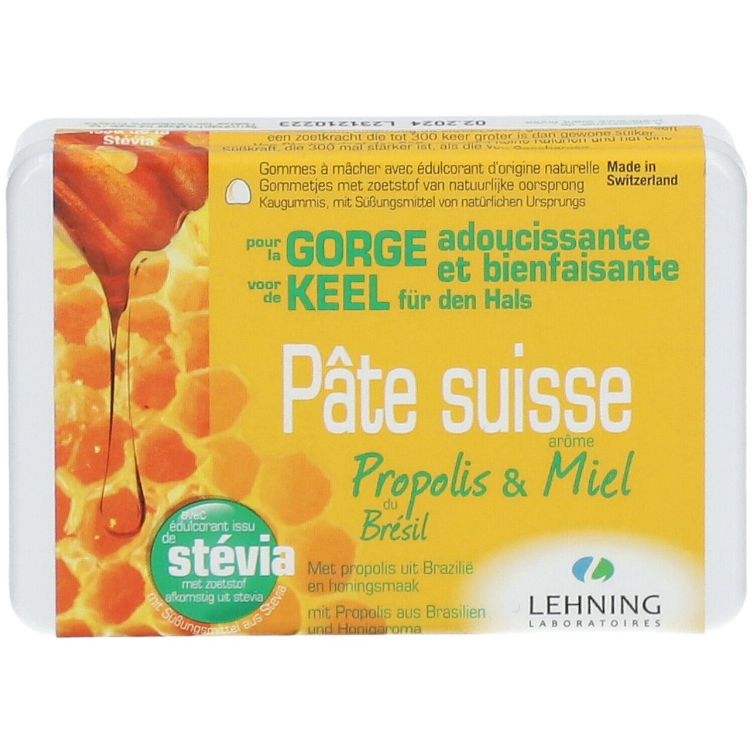Boîte blanche avec emballage jaune. Inscription: Pâte suisse Propolis & Miel. Logo LEHNING. Avec stévia.
