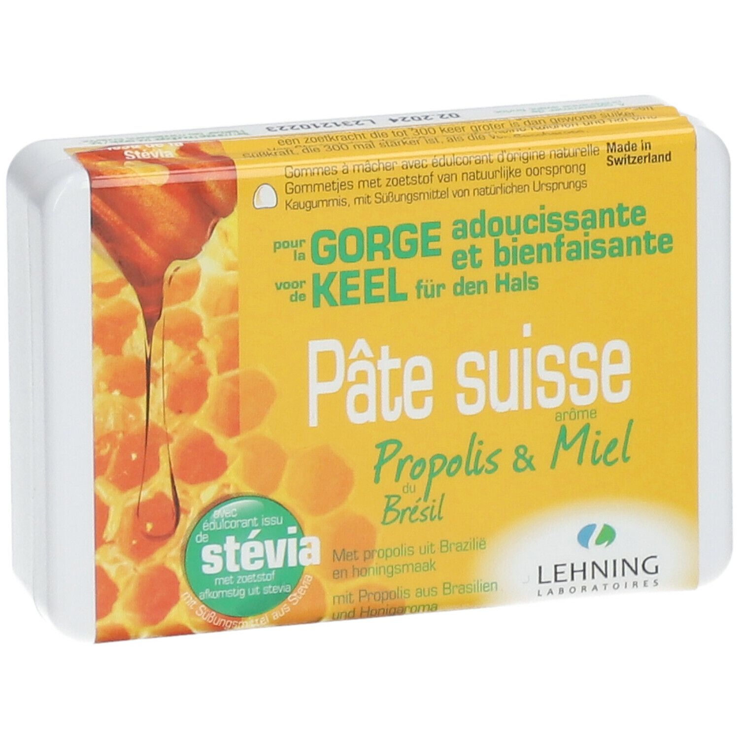 Boîte blanche avec emballage jaune. Inscription: Pâte suisse Propolis & Miel. Logo LEHNING. Avec stévia.