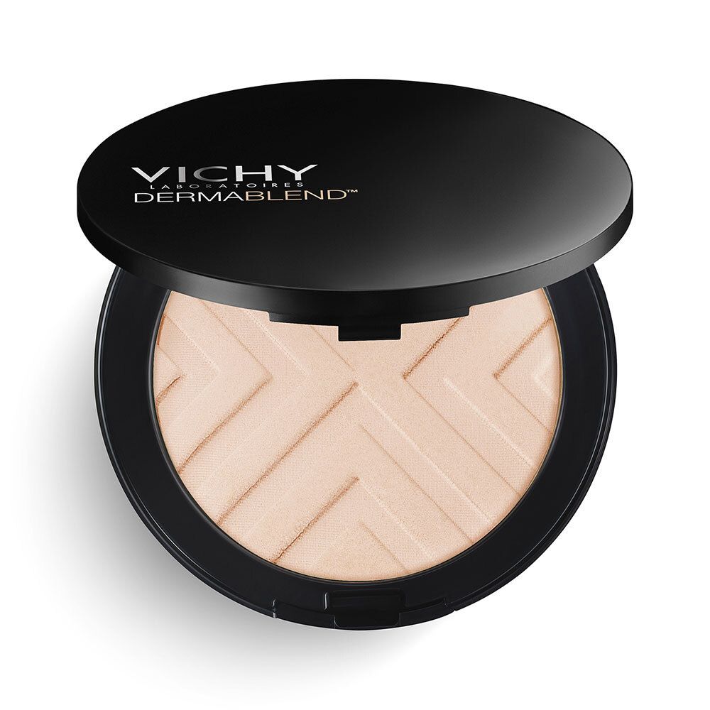 Poudre VICHY DERMABLEND Covermatte noire, ronde, ouverte. Poudre claire avec motif géométrique.