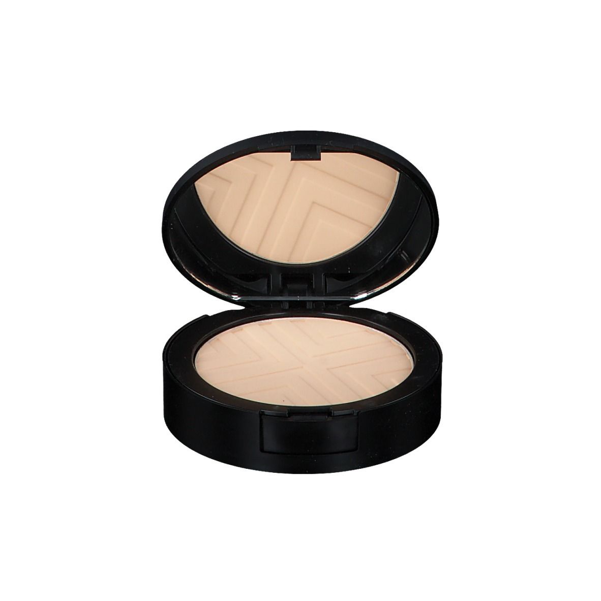 Poudre VICHY DERMABLEND Covermatte noire, ronde, ouverte avec miroir. Poudre claire avec motif géométrique.