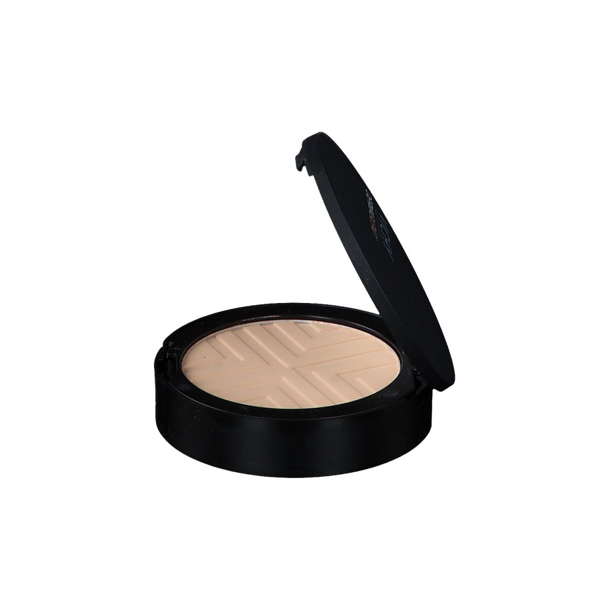Poudre VICHY DERMABLEND Covermatte noire, ronde, légèrement ouverte. Poudre claire avec motif géométrique.