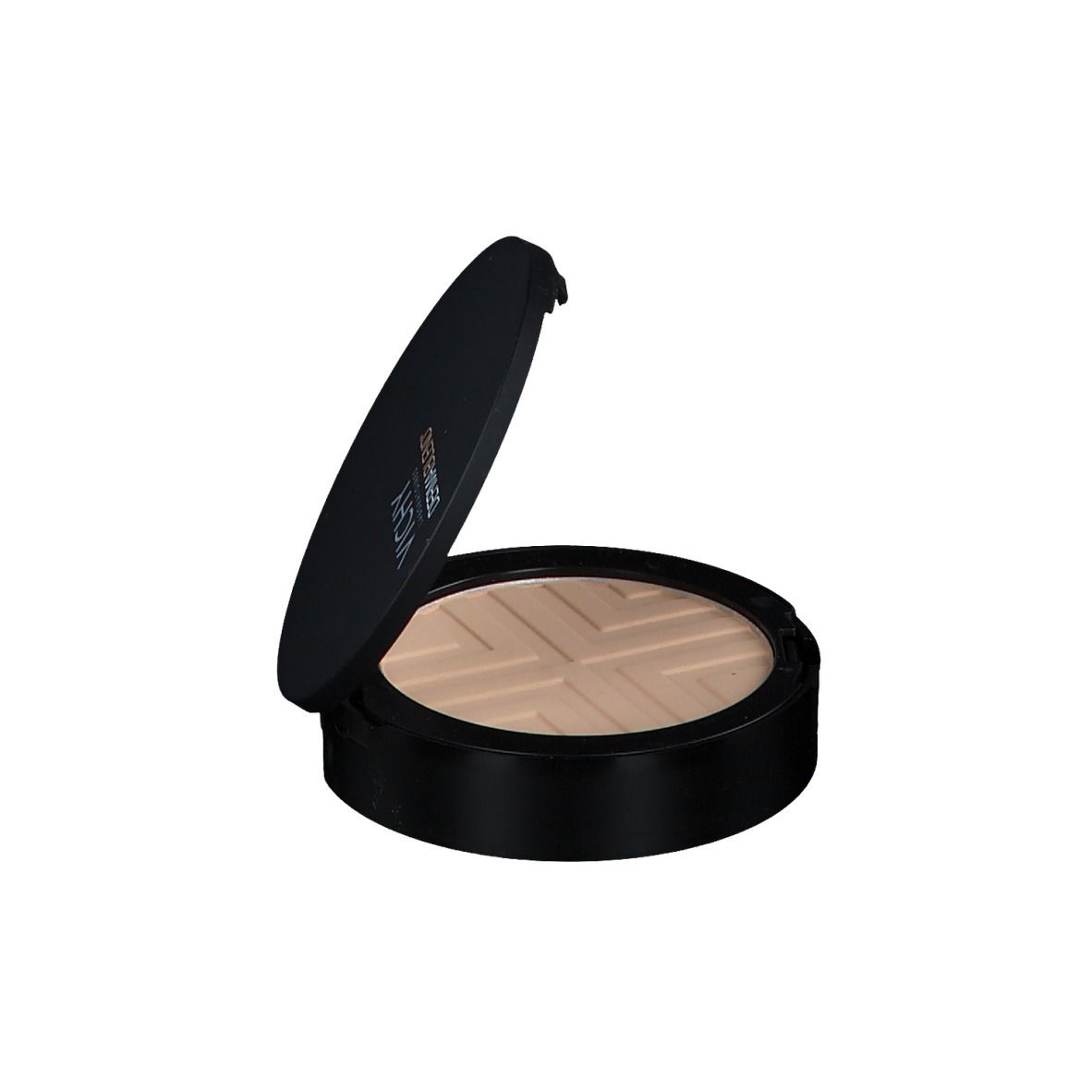 Poudre VICHY DERMABLEND Covermatte noire, ronde, légèrement ouverte. Poudre claire avec motif géométrique.