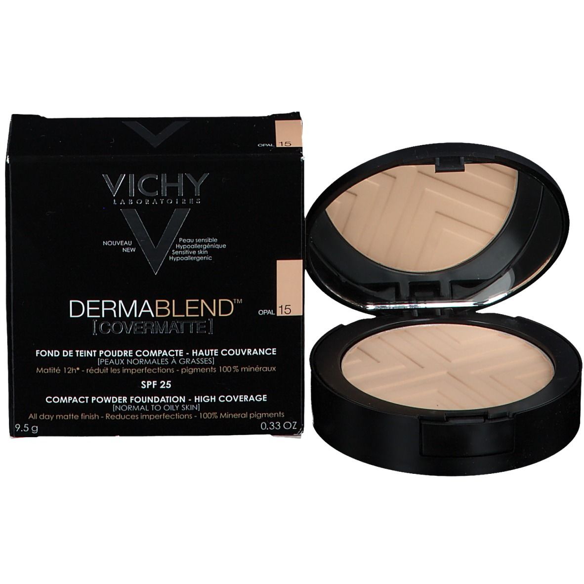 Emballage noir VICHY DERMABLEND Covermatte. Texte: Opal 15, Compact Powder Foundation, SPF 25.