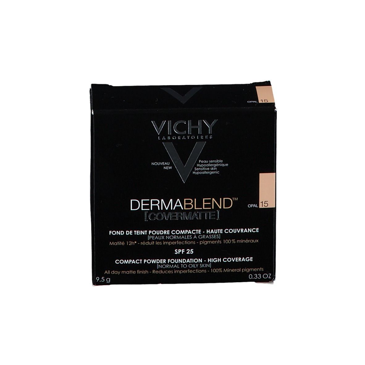Poudre VICHY DERMABLEND Covermatte noire, ronde, ouverte. Poudre claire avec motif géométrique.
