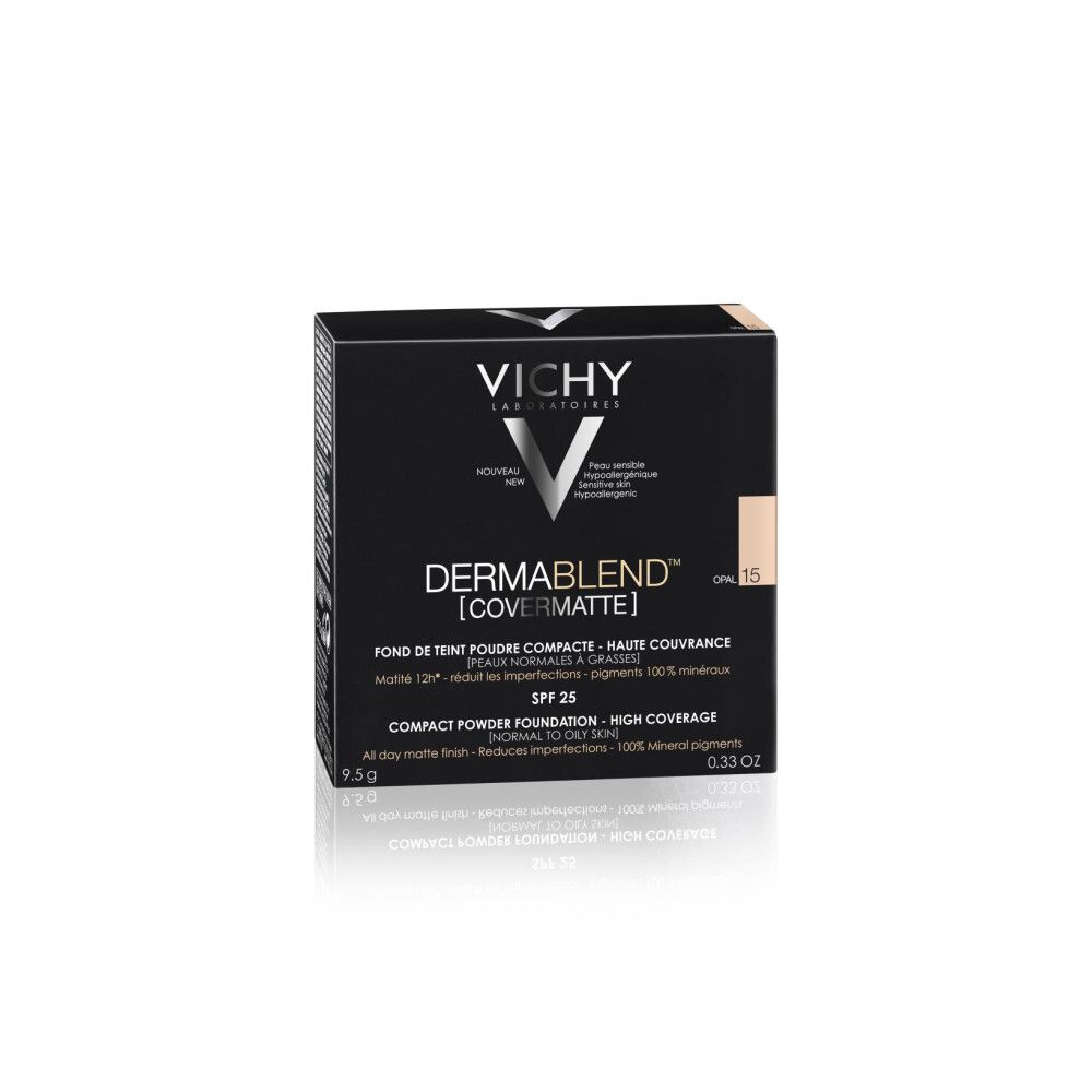 Poudre VICHY DERMABLEND Covermatte noire, ronde, légèrement ouverte. Poudre claire avec motif géométrique.