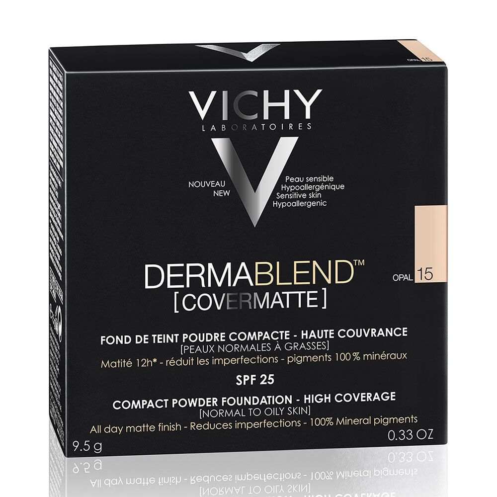 Emballage noir VICHY DERMABLEND Covermatte. Texte: Opal 15, Compact Powder Foundation, SPF 25. Visuel produit.