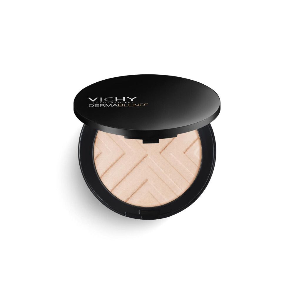 Poudre VICHY DERMABLEND Covermatte noire, ronde, ouverte avec miroir. Poudre claire avec motif géométrique.