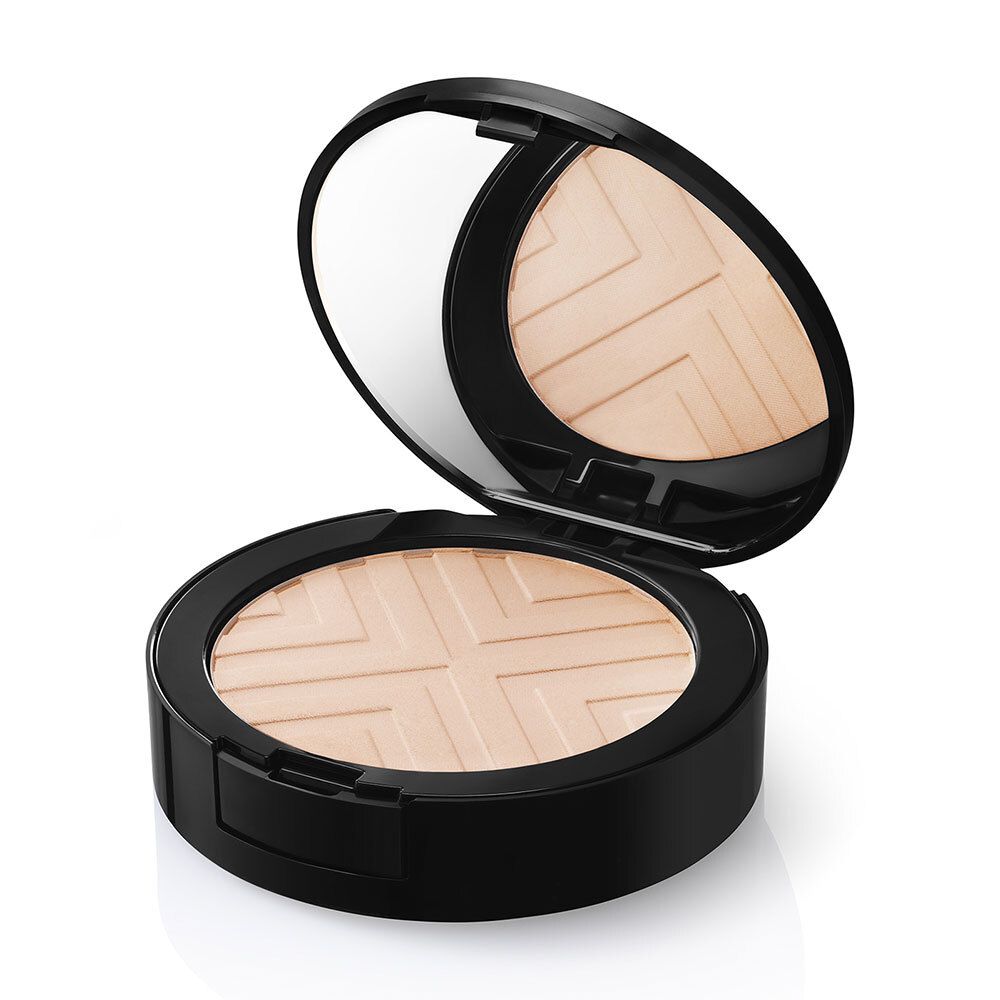 Poudre VICHY DERMABLEND Covermatte noire, ronde, ouverte avec miroir. Poudre claire avec motif géométrique.