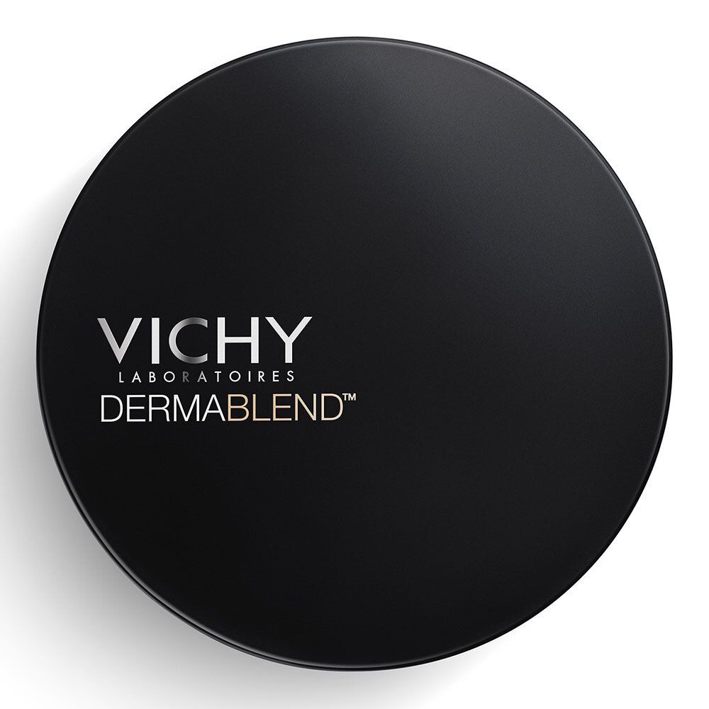 Couvercle noir et rond VICHY DERMABLEND. Inscription argentée.