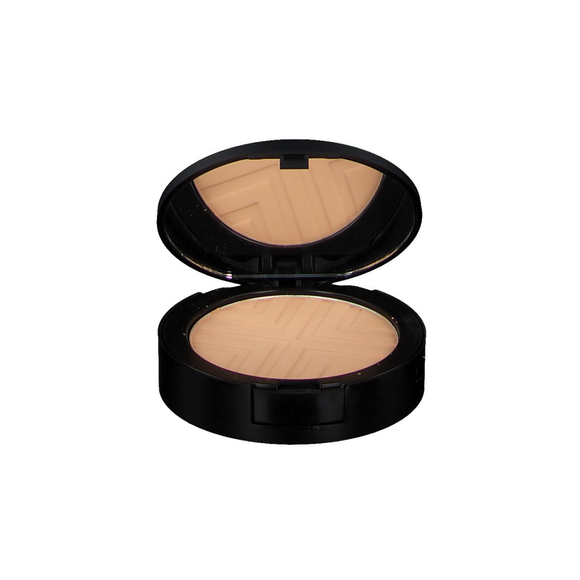 Ronde, zwarte VICHY DERMABLEND Covermatte poedercompact, open. Spiegel in de deksel.