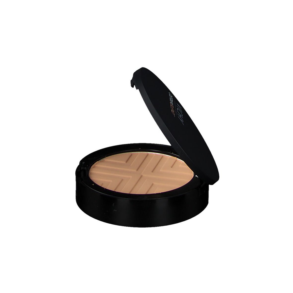 Zwarte VICHY DERMABLEND Covermatte poedercompact, half open. Geometrisch patroon.
