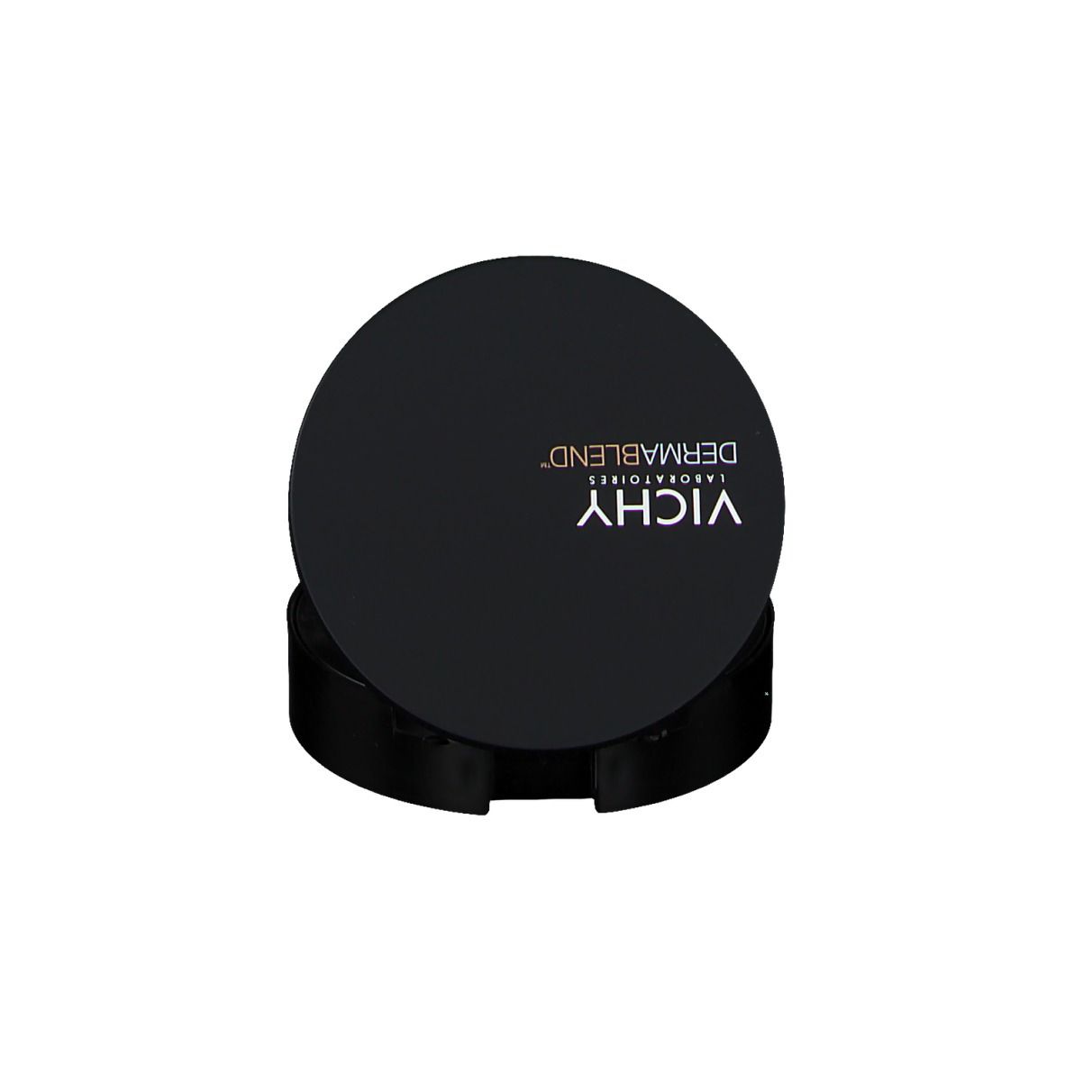 Gesloten, zwarte VICHY DERMABLEND Covermatte poedercompact. VICHY-logo op de deksel.