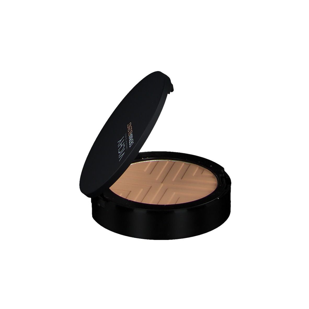 Ronde, zwarte VICHY DERMABLEND Covermatte poedercompact, open. Spiegel in de deksel.