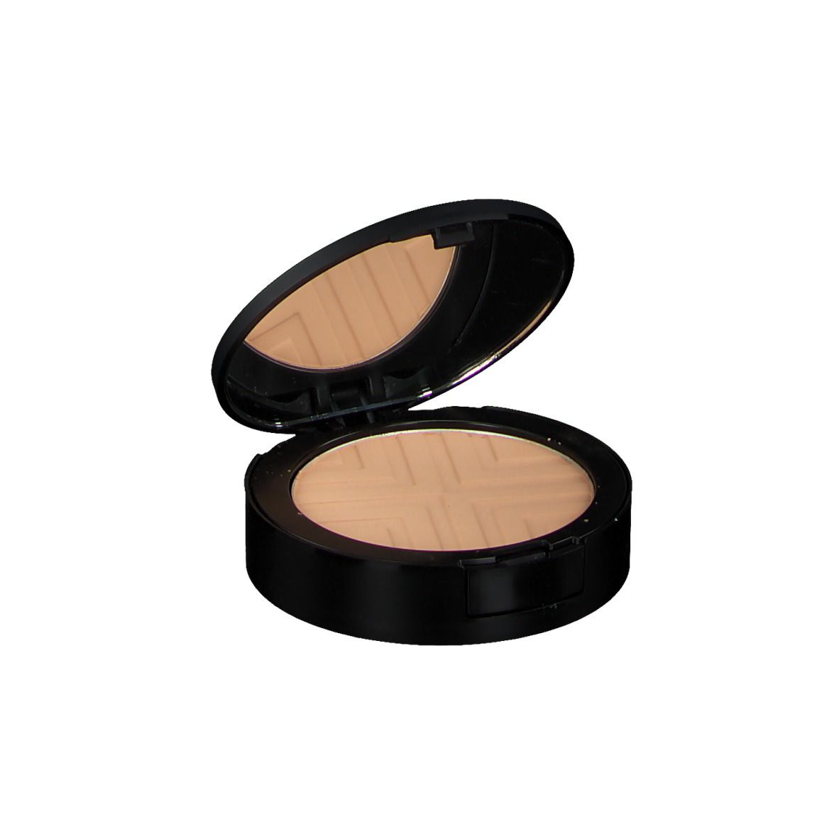 Ronde, zwarte VICHY DERMABLEND Covermatte poedercompact, open. Spiegel in de deksel.