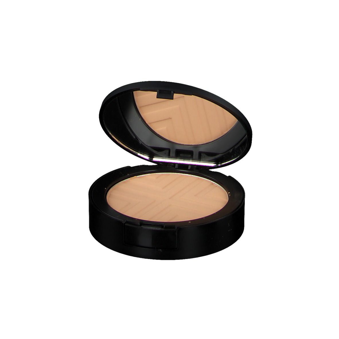 Ronde, zwarte VICHY DERMABLEND Covermatte poedercompact, open. Spiegel in de deksel.