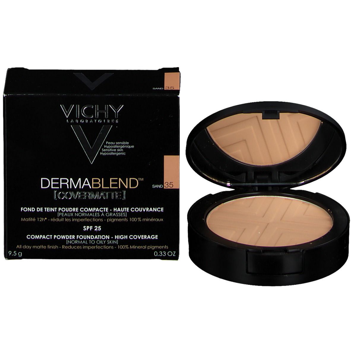 Zwarte verpakking en open VICHY DERMABLEND Covermatte poedercompact. Tint Sand 35.