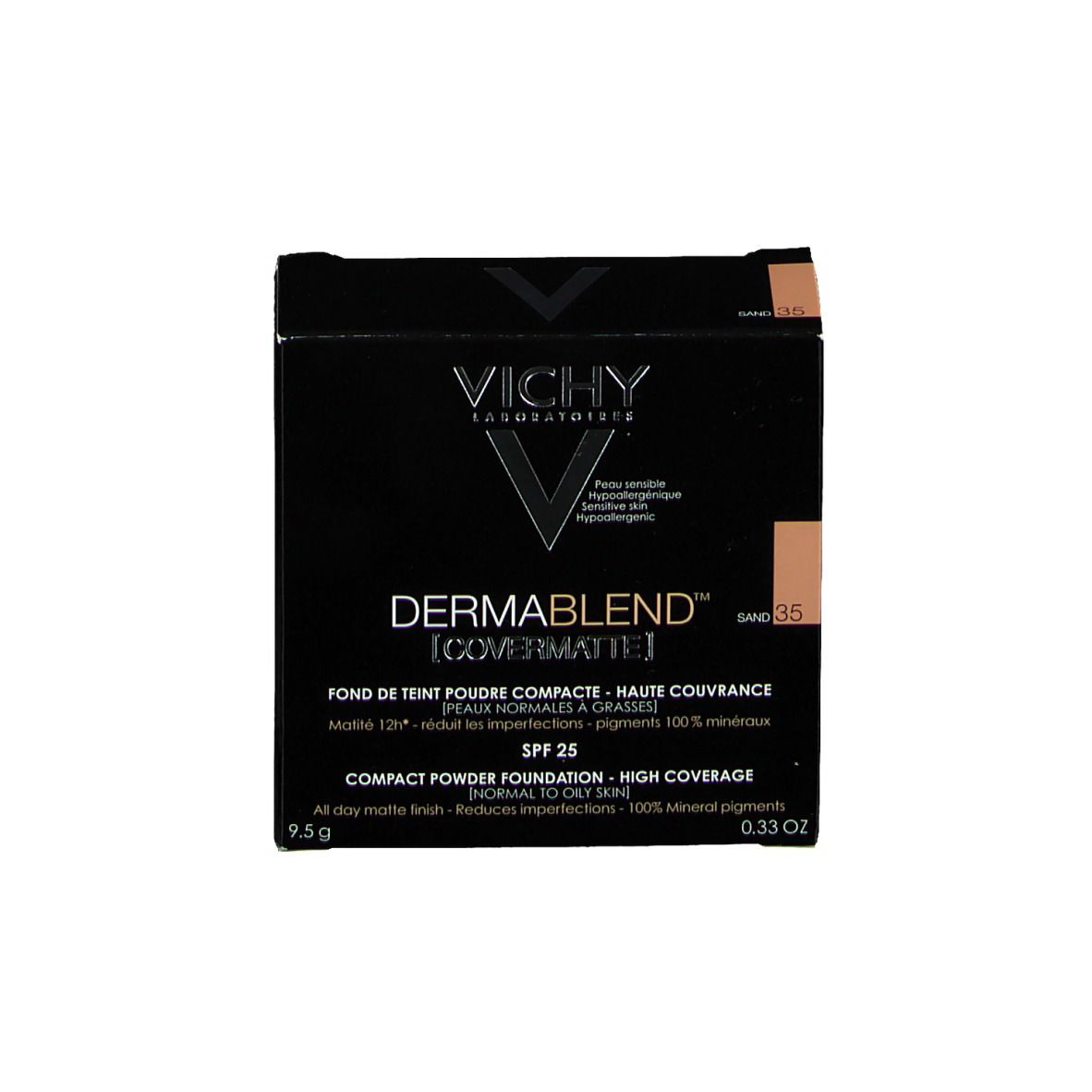 Zwarte verpakking van VICHY DERMABLEND Covermatte. Tint Sand 35.