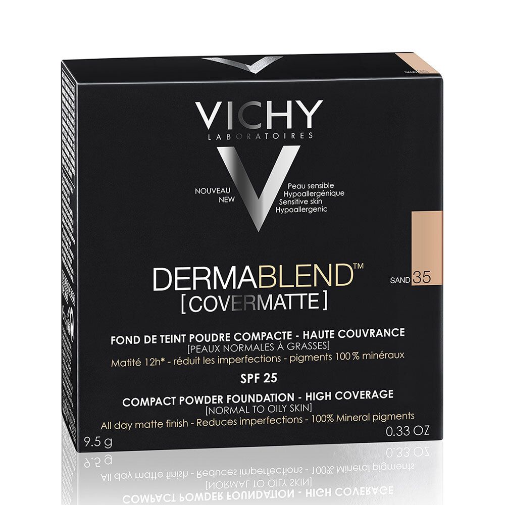 Zwarte verpakking van VICHY DERMABLEND Covermatte. Tekst in het Duits, Frans en Engels. Tint Sand 35.