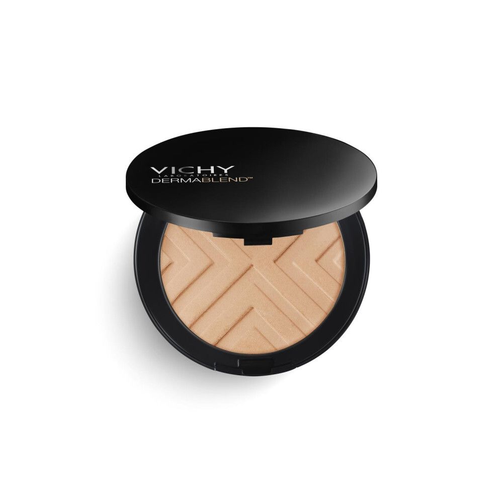 Ronde, zwarte VICHY DERMABLEND Covermatte poedercompact, open. Spiegel in de deksel.