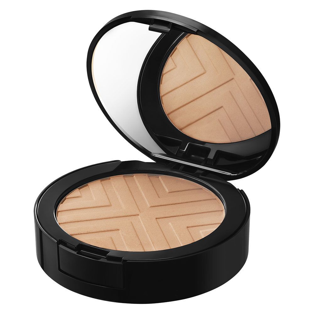 Ronde, zwarte VICHY DERMABLEND Covermatte poedercompact, open. Spiegel in de deksel.